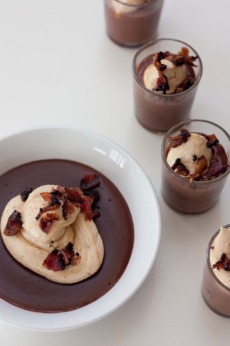 Chocolate Pudding with Peanut Butter Mousse and Maple Candied Bacon